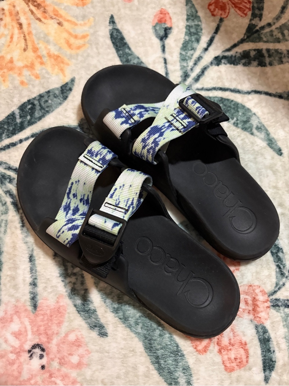 Chaco Black Slide Sandals with Blue and Lime Patterned Straps